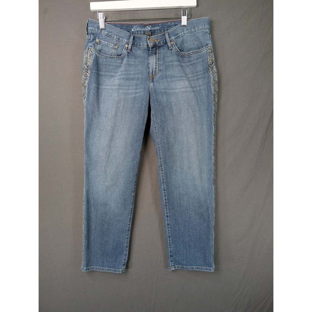 Eddie Bauer Womens Size 8 Embroidered Side Stripe Crop Jeans Blue Denim